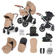 Ickle Bubba Stomp Luxe Silver Frame Travel System With Stratus i-Size Carseat & Isofix Base-Desert/Tan