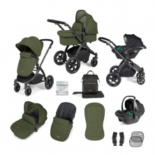 Ickle Bubba Stomp Luxe Black Frame Travel System With Stratus i-Size Carseat-Woodland/Black