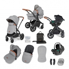Ickle Bubba Stomp Luxe Black Frame Travel System With Stratus i-Size Carseat-Pearl Grey/Tan