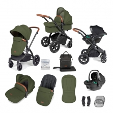Ickle Bubba Stomp Luxe Black Frame Travel System With Stratus i-Size Carseat-Woodland/Tan