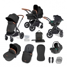 Ickle Bubba Stomp Luxe Black Frame Travel System With Stratus i-Size Carseat-Midnight/Tan
