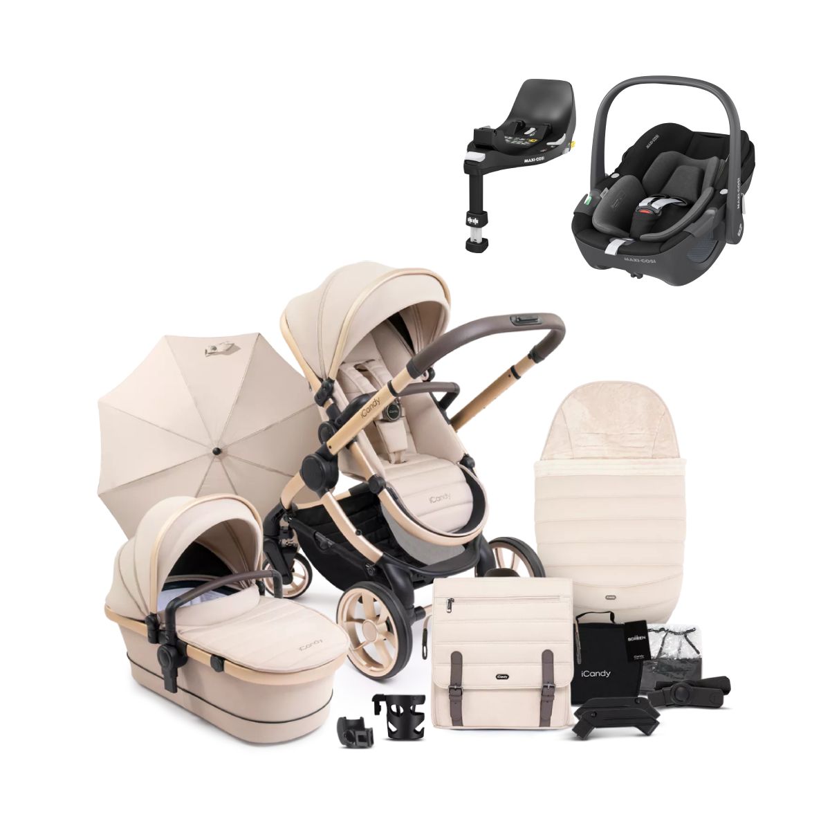 iCandy Peach 7 Summer Bundle with Maxi Cosi Pebble 360 Car Seat & ISOFIX BASE–Biscotti