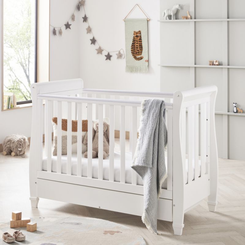 Babymore Eva Sleigh Cot Bed DROPSIDE with DrawerWhite