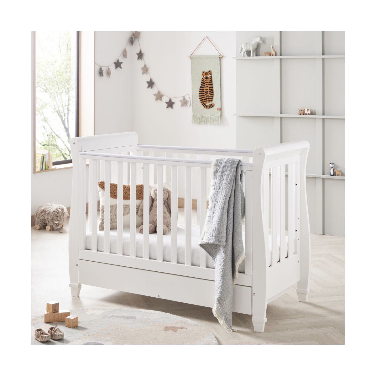 Babymore Eva Sleigh Cot Bed DROPSIDE with DrawerWhite