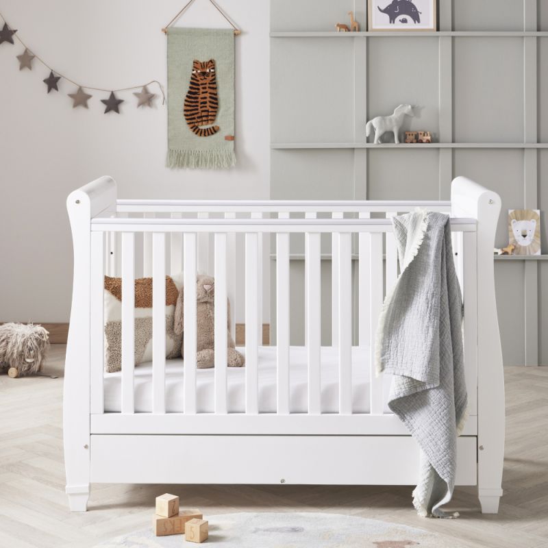 Babymore Eva Sleigh Cot Bed DROPSIDE with DrawerWhite