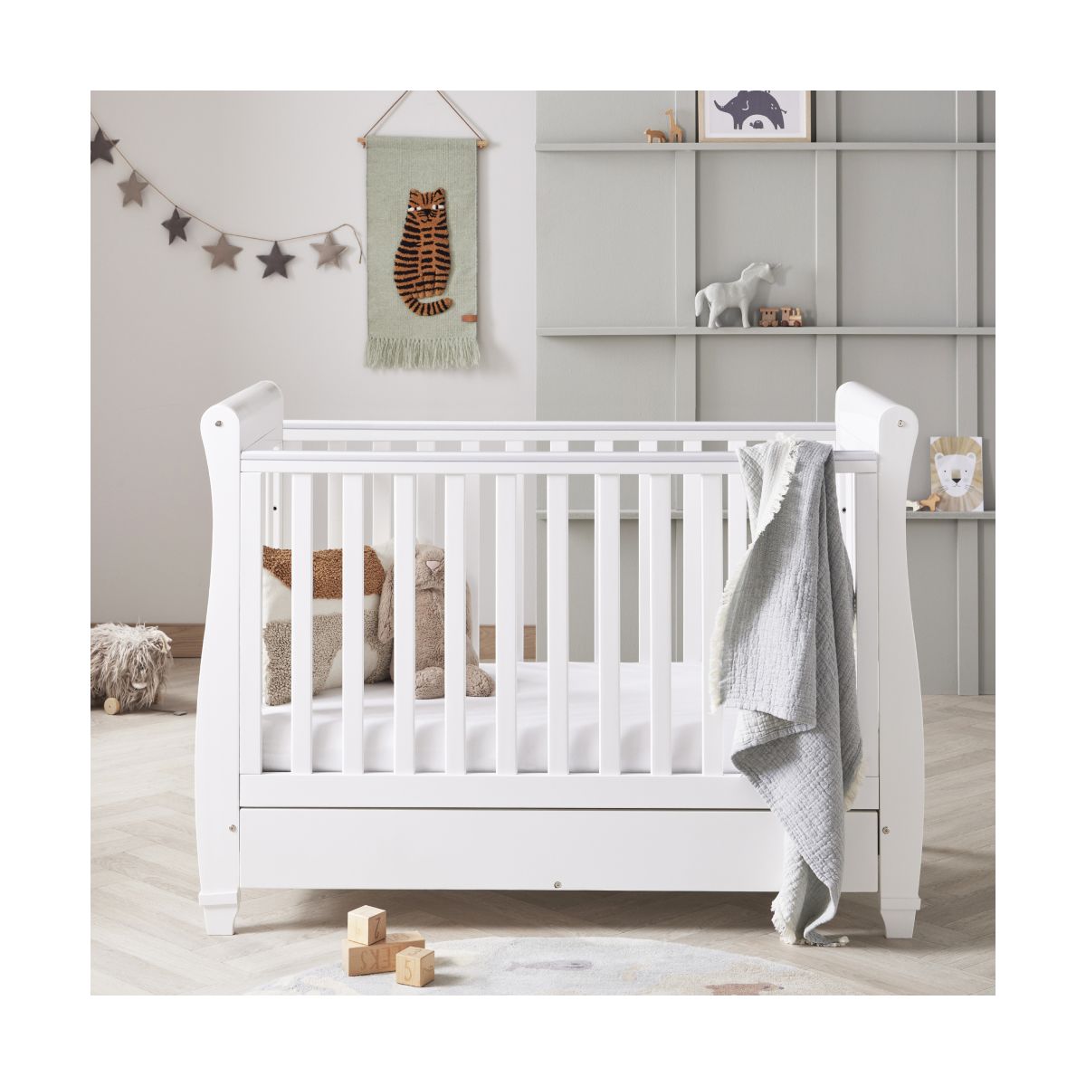 Babymore Eva Sleigh Cot Bed DROPSIDE with Drawer
