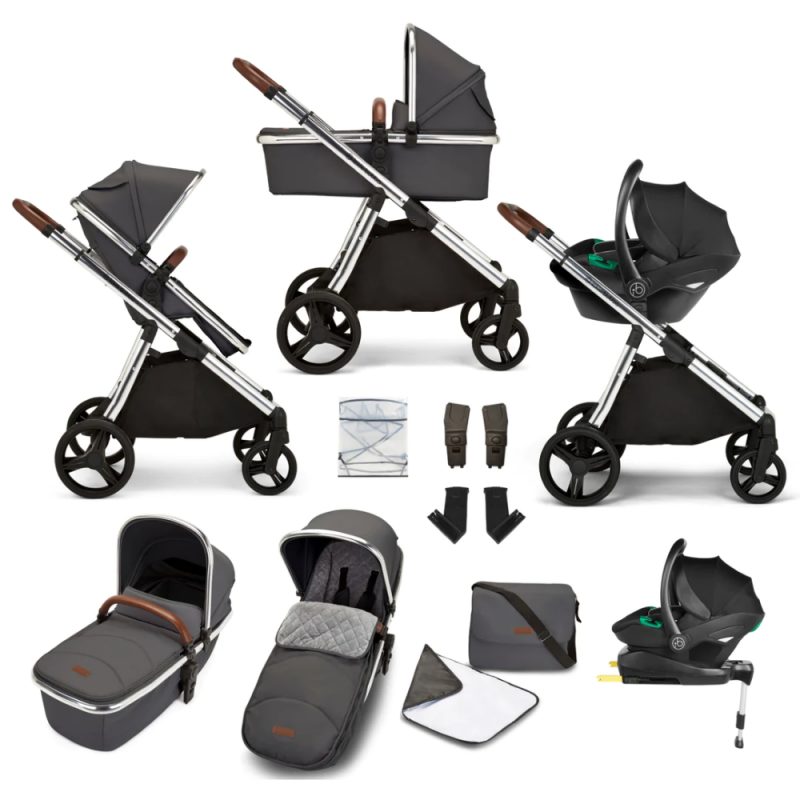 Ickle bubba Eclipse All in One I-Size Travel System with Stratus Car Seat and Isofix Base-Chrome/Graphite Grey/Tan