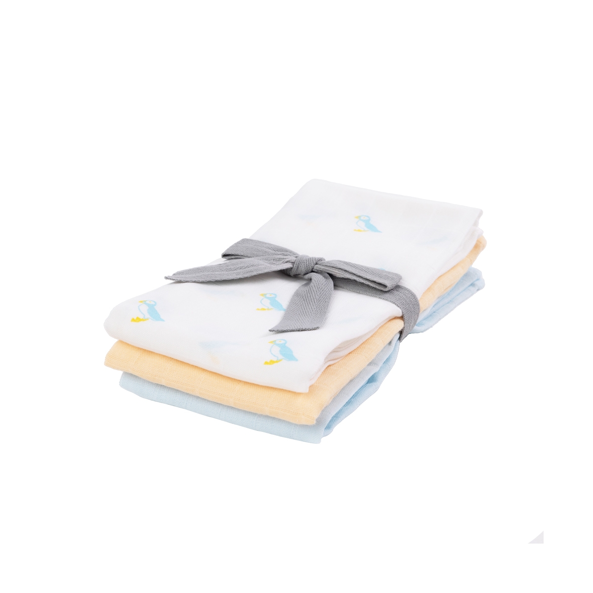 Kiki & Sebby Bamboo Pack of 3 Cotton Muslin Squares – Puffin/Yellow/Blue