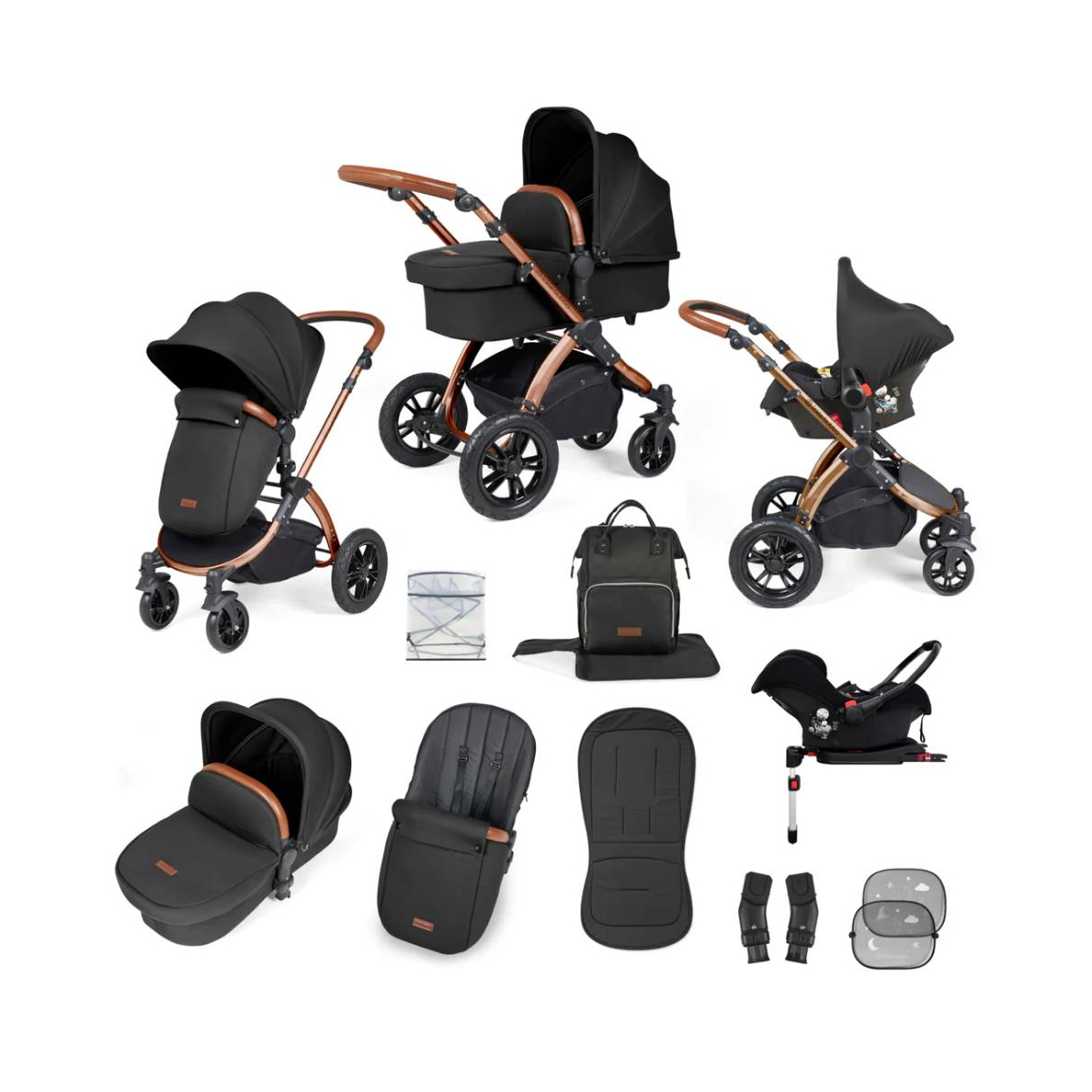 Ickle Bubba Stomp Luxe Bronze Frame Travel System with Galaxy Carseat & Isofix Base