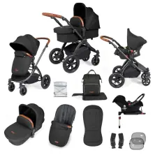 Ickle Bubba Stomp Luxe Black Frame Travel System with Galaxy Carseat & Isofix Base - Black/Midnight/Tan
