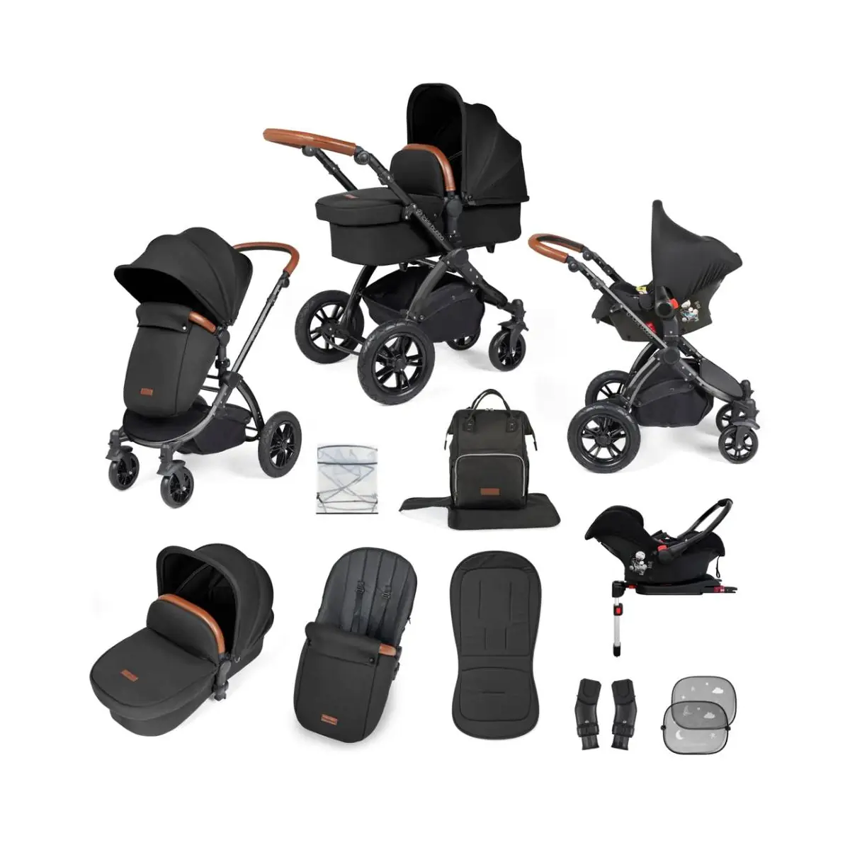 Image of Ickle Bubba Stomp Luxe Black Frame Travel System with Galaxy Carseat & Isofix Base - Black/Midnight/Tan