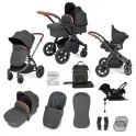 Ickle Bubba Stomp Luxe Black Frame Travel System with Galaxy Carseat & Isofix Base - Black/Charcoal Grey/Tan