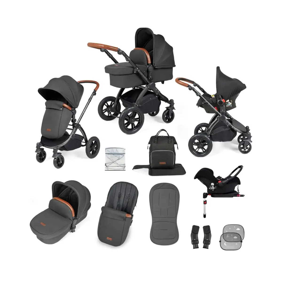 Image of Ickle Bubba Stomp Luxe Black Frame Travel System with Galaxy Carseat & Isofix Base - Black/Charcoal Grey/Tan