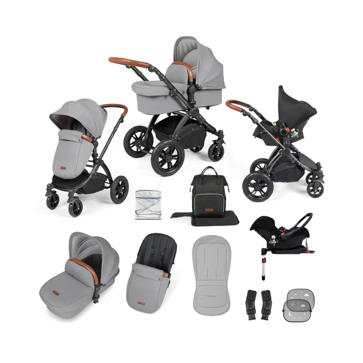 Ickle Bubba Stomp Luxe Black Frame Travel System with Galaxy Carseat & Isofix Base