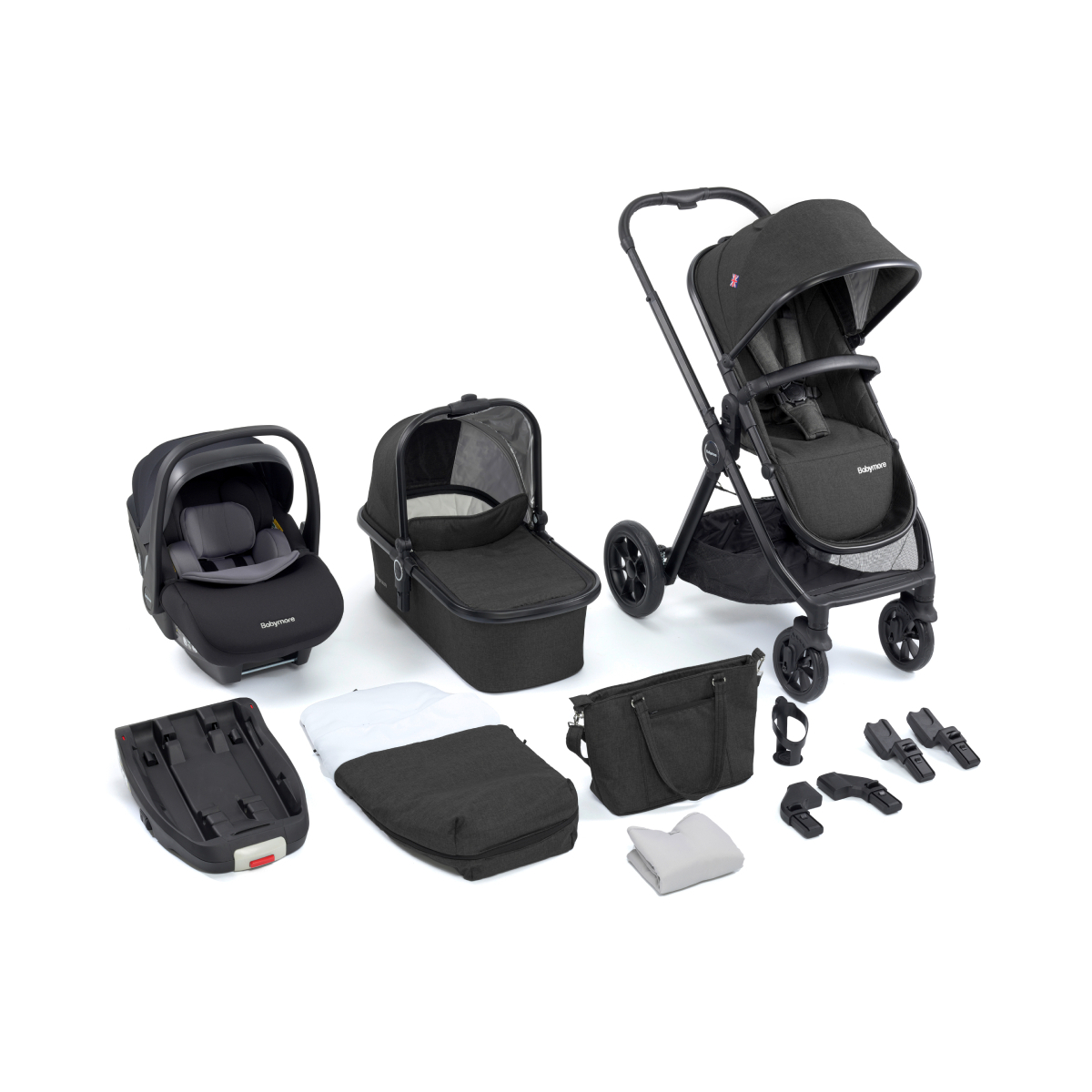 Babymore Memore V2 13 Piece Travel System Bundle with Pecan i-Size Carseat and ISOFIX Base