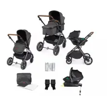 Ickle Bubba Cosmo Black Frame Travel System with Stratus i-Size Carseat & Isofix Base - Graphite Grey