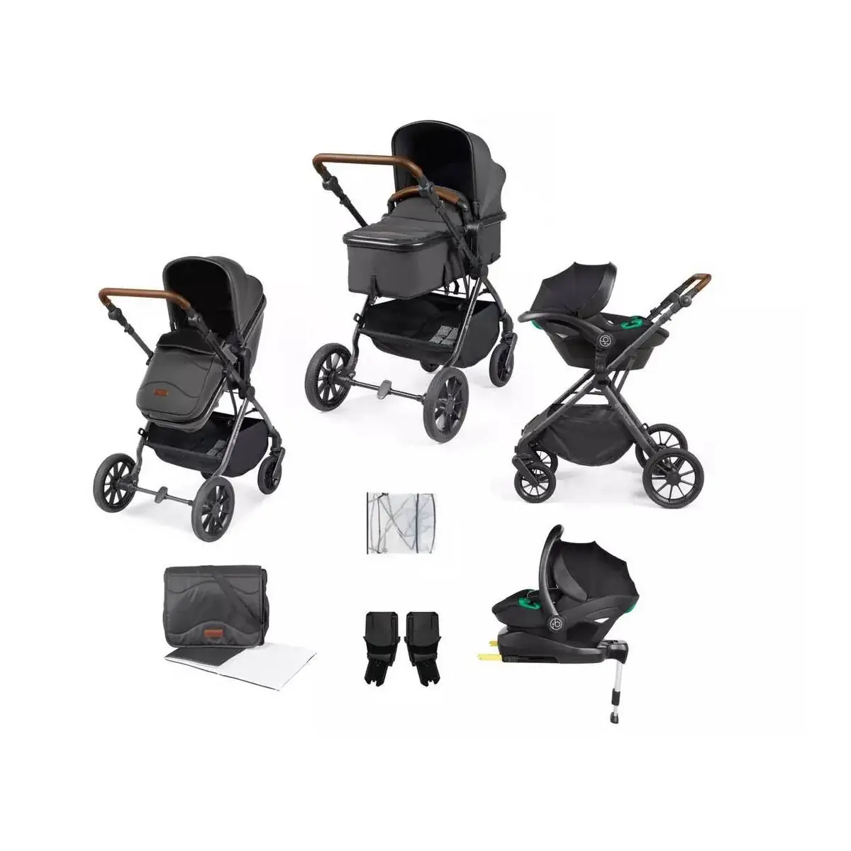 Ickle Bubba Cosmo Black Frame Travel System with Stratus i-Size Car Seat and Isofix Base - Graphite... from Kiddies Kingdom