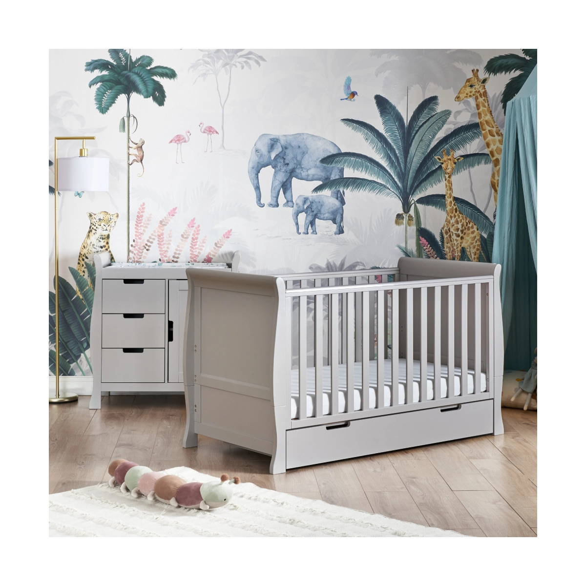 Image of Obaby Stamford Classic Sleigh 2 Piece Furniture Roomset with Underdrawer-Warm Grey