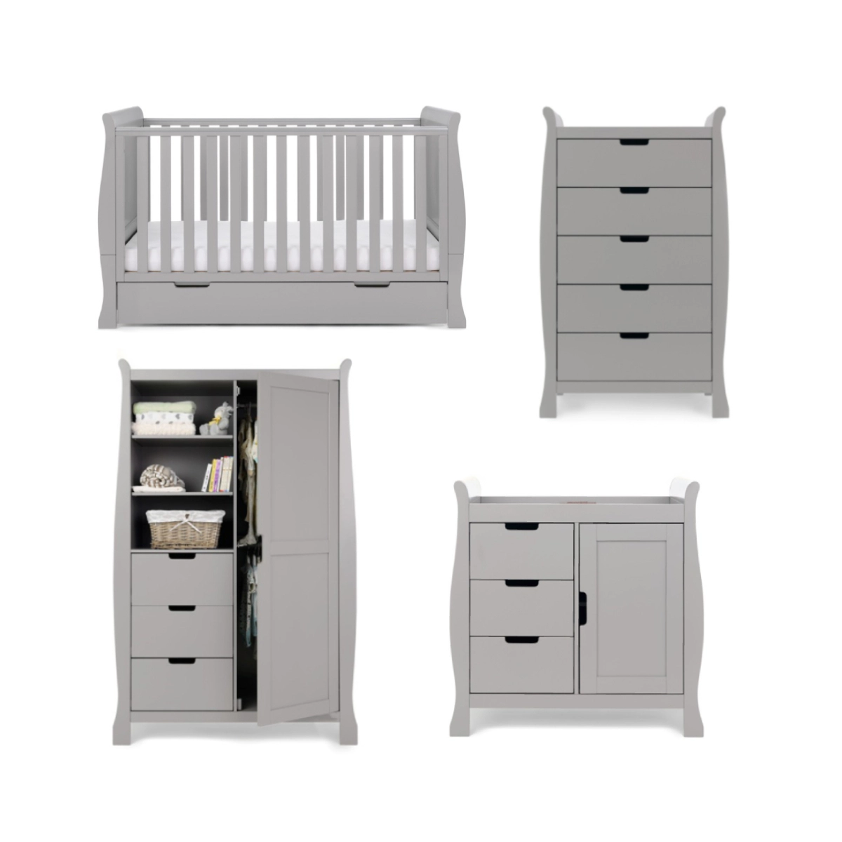 Image of Obaby Stamford Classic Sleigh 4 Piece Furniture Roomset-Warm Grey