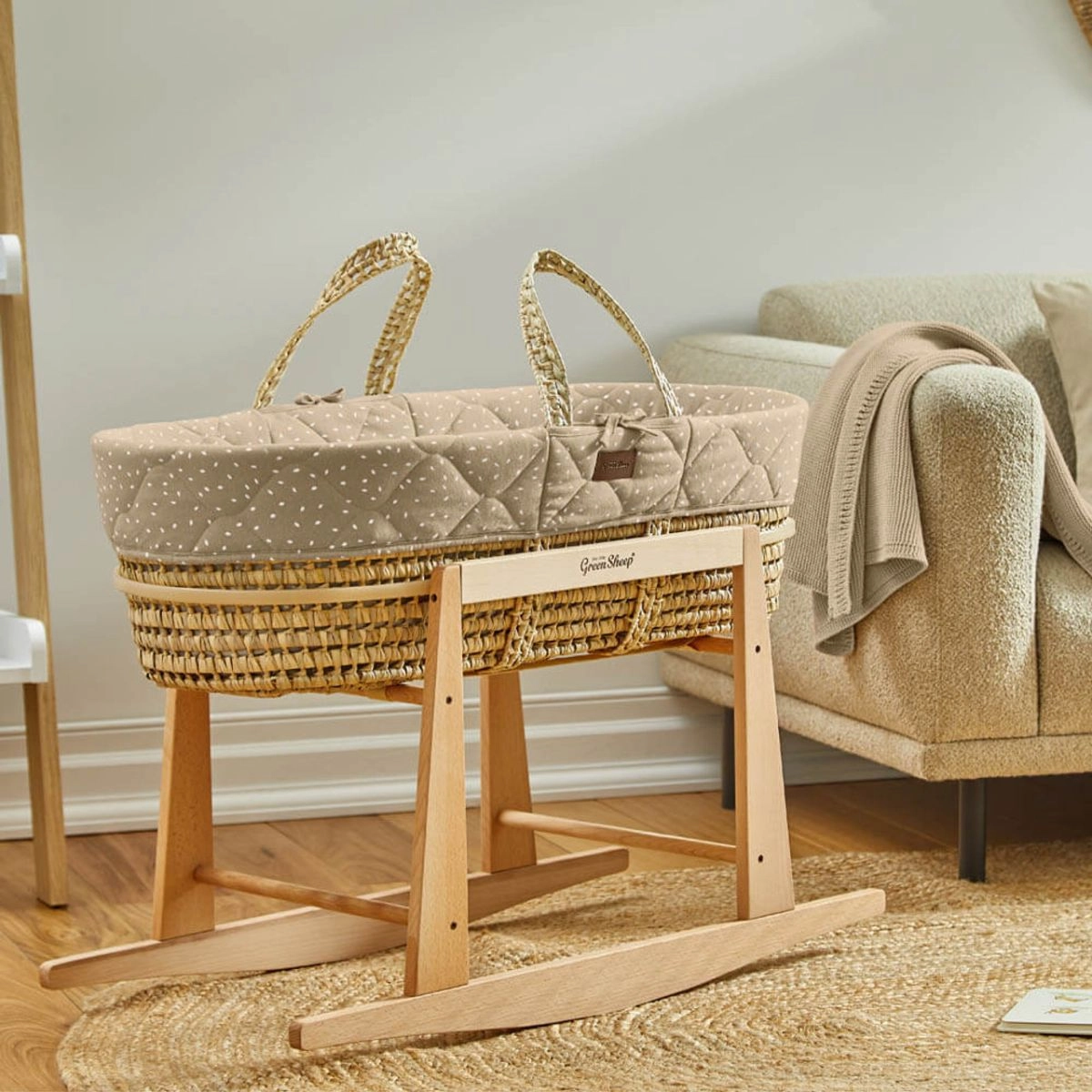 The Little Green Sheep Natural Quilted Moses Basket & Rocking Stand Bundle