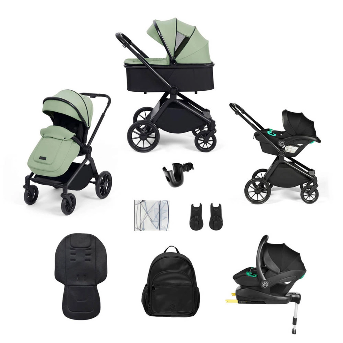 Image of Ickle Bubba Altima Black Frame Travel System with Stratus i-Size Car Seat & Isofix Base - Sage Green