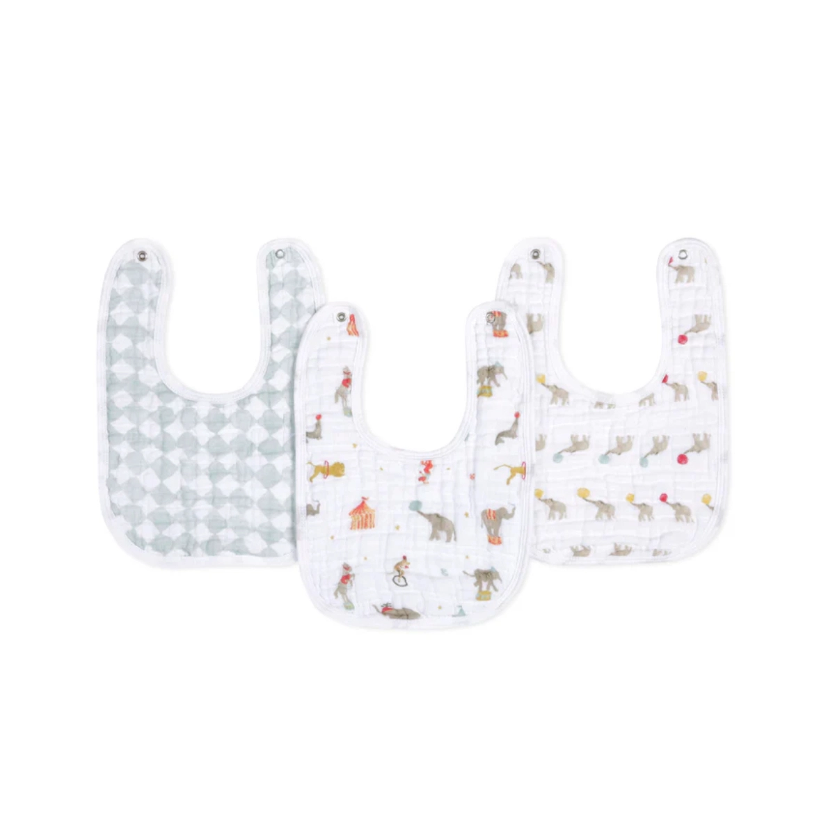 Image of Aden + Anais Pack of 3 Essential Cotton Muslin Snap Bibs - Elephant Circus (23-19-343)