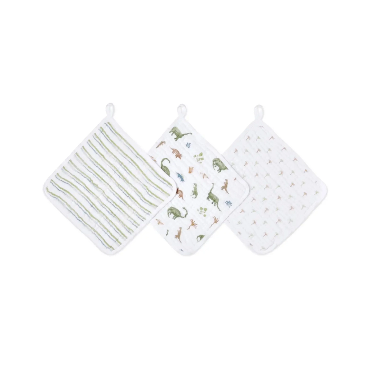 Image of Aden + Anais Pack of 3 Essential Cotton Muslin Washcloth - Dino Jungle (23-19-371)