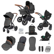 Ickle Bubba Stomp Luxe Black Frame Travel System with Cirrus i-Size Carseat & Isofix Base - Charcoal Grey/Tan