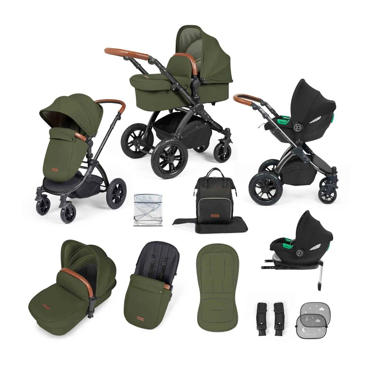 Ickle Bubba Stomp Luxe Black Frame Travel System with Cirrus i-Size Car Seat & Isofix Base