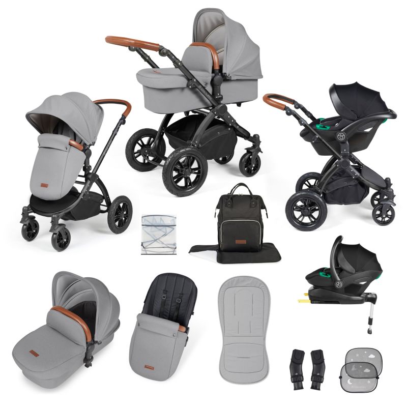 Ickle Bubba Stomp Luxe 12 Piece Travel System with i-Size Stratus Car Seat & ISOFIX Base - Black/Pearl Grey/Tan