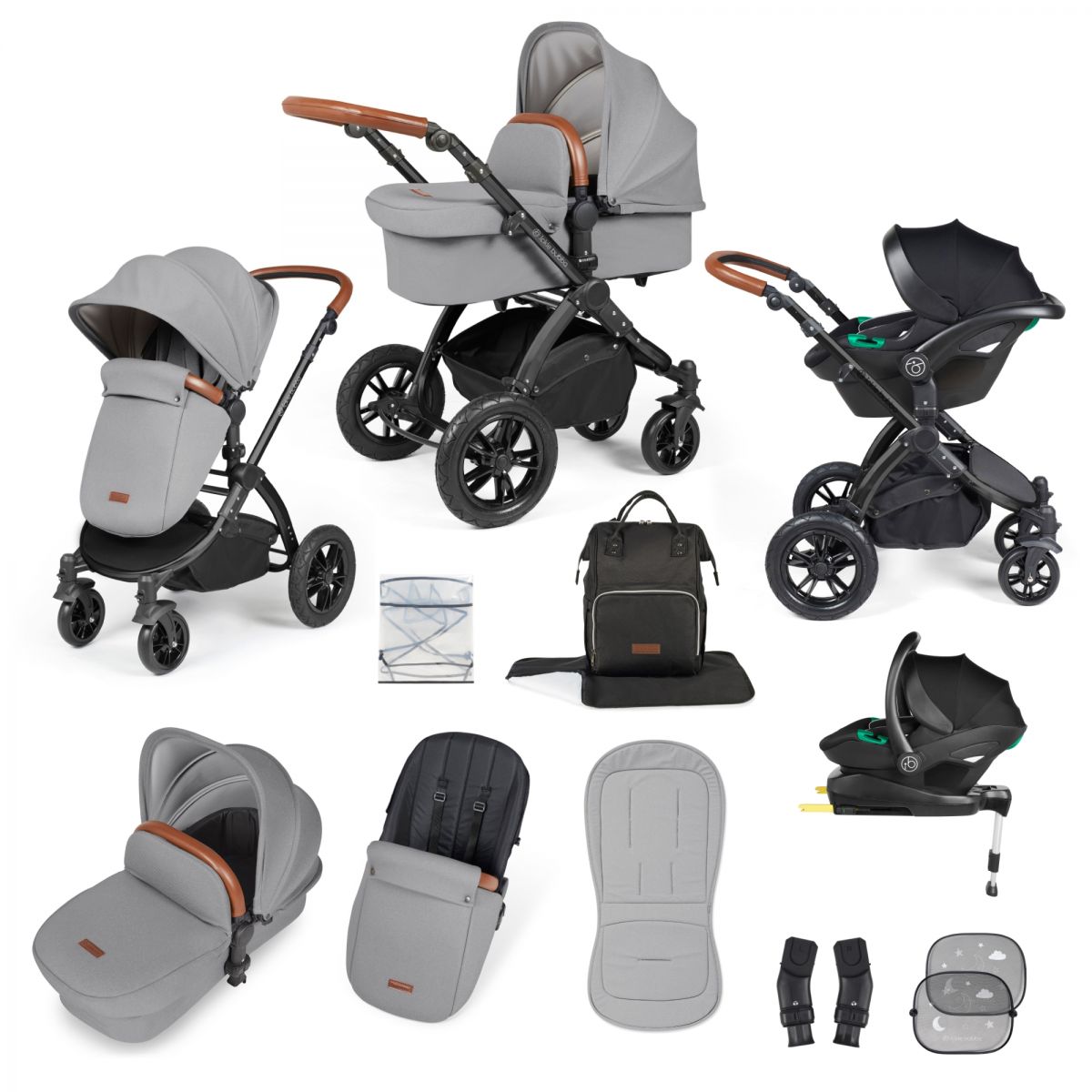 Ickle Bubba Stomp Luxe Black Frame Travel System with Stratus -Size Carseat & Isofix Base