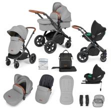 Ickle Bubba Stomp Luxe Black Frame Travel System with Cirrus i-Size Carseat & Isofix Base - Pearl Grey/Tan