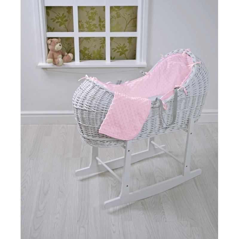 Kiddies Kingdom Deluxe Kiddy-Pod White Wicker Moses Basket-Pink Dimple + Free Rocking Stand Worth&pound;25!