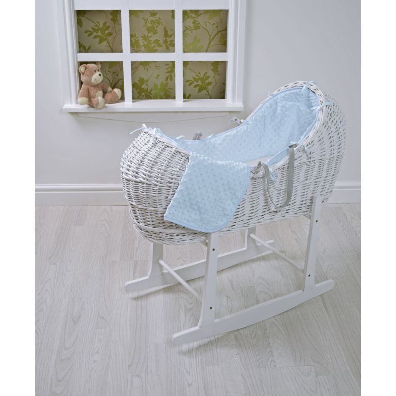 Kiddies Kingdom Deluxe Kiddy-Pod White Wicker Moses Basket-Blue Dimple + Free Rocking Stand Worth£25!