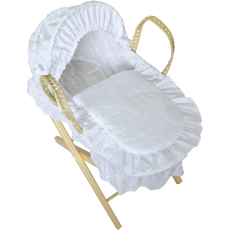 Kiddies Kingdom Dolls Moses Basket With Stand - Broderie Anglaise White
