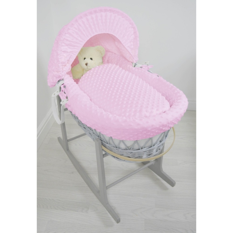 Kiddies Kingdom Deluxe Grey Wicker Moses Basket-Dimple Pink & INCL Rocking Stand!